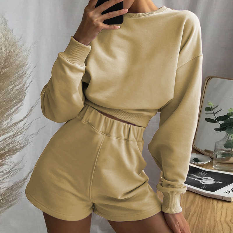 

Women 2 Piece Set Long Sleeve O-neck Top High-waisted Straight Shorts Solid-color Casual Tracksuits Female 210607, Skin color pants