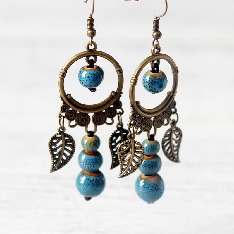 

Dangle & Chandelier 1 Pair Retro Ethnic Style Alloy Ceramics Drop Earrings Big Circle Leaf Round Beads Ear Jewelry Accessories Crafts For Wo