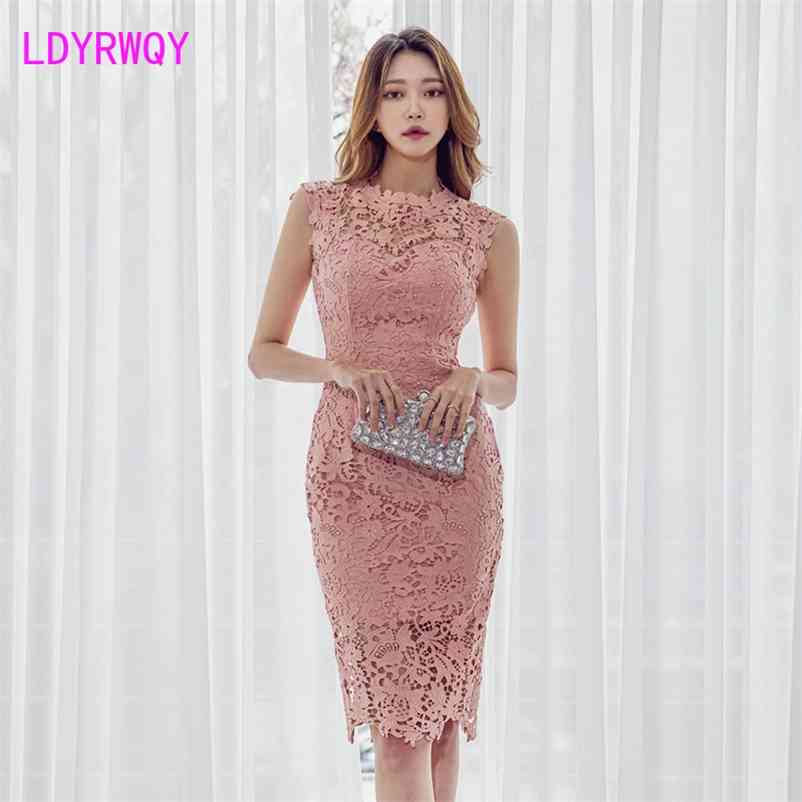 

LDYRWQY summer Korean version of the debutante temperament hollow lace slim body and hip dress Office Lady 210603, Pink
