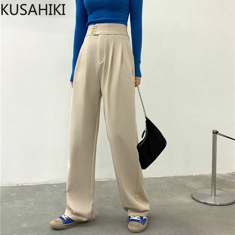 

KUSAHIKI Spring Women Pants Korena High Waist Elegant Long Trousers Causal Solid Wide Leg Pants Mujer Pantalones 6G013 210602, Apricot