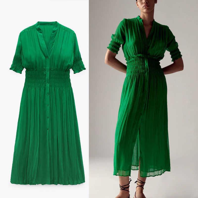 

Za Red Chiffon Summer Dress Women Short Puff Sleeve Elastic Waist Vintage Midi Dresses Woman Button Up Lining Party Dress 210602, Green