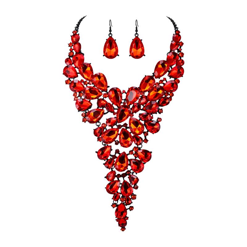 

Earrings & Necklace Luxury Flower Statement Women Teardrop Crystal Jewelry Set Party Prom Mangalsutra Collier Femme Collar Gift, Silver
