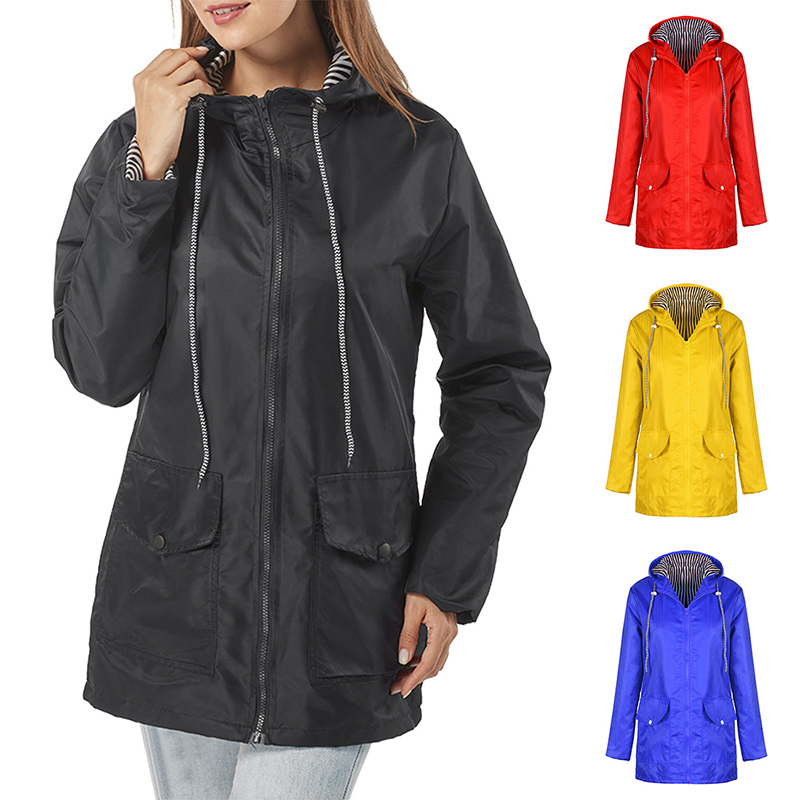 

Womens Mid-length Jacket Sporting Rain Coat Zip Casual Outdoor Coat Long Spring Hooded Solid Raincoat With Color Sleeve Autumn Cfjgf