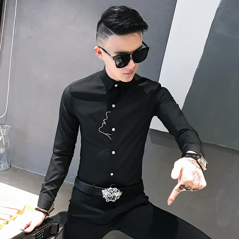 

New Preto/branco/vermelho Primavera Nova Simples Bordado Camisas Para Roupas Masculinas 2021 Moda Todos Os Jogos Magro Ajuste Casual Clube 5, Black
