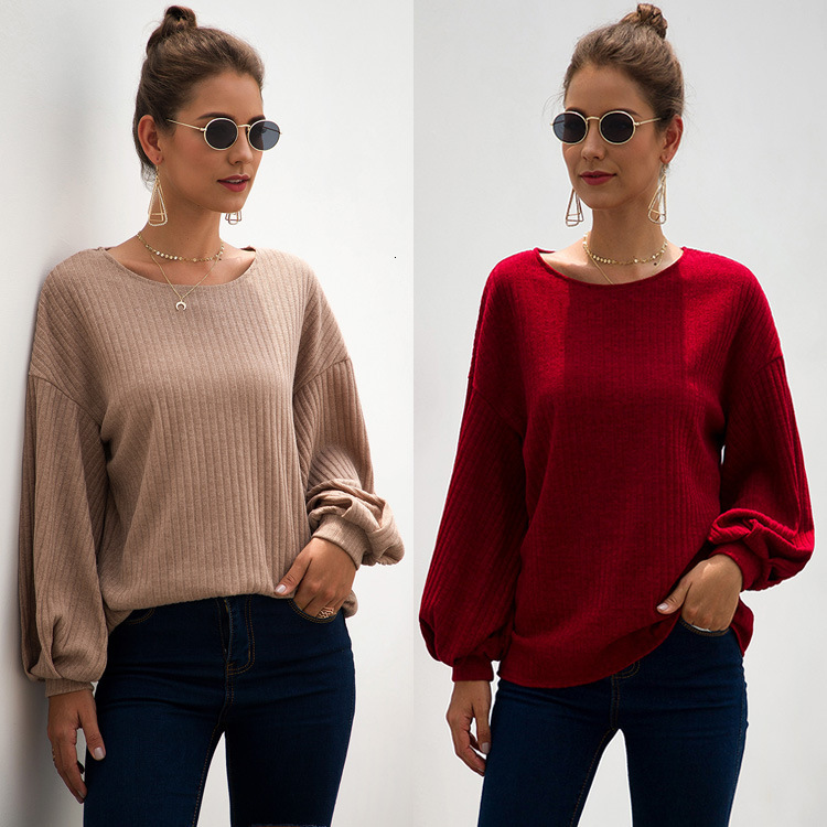 

2021 New Casual Loose Striped Knitted Sweater Solid Color o Neck Lantern Plus Size Autumn Women Long Sleeve Top 2bx3, Red