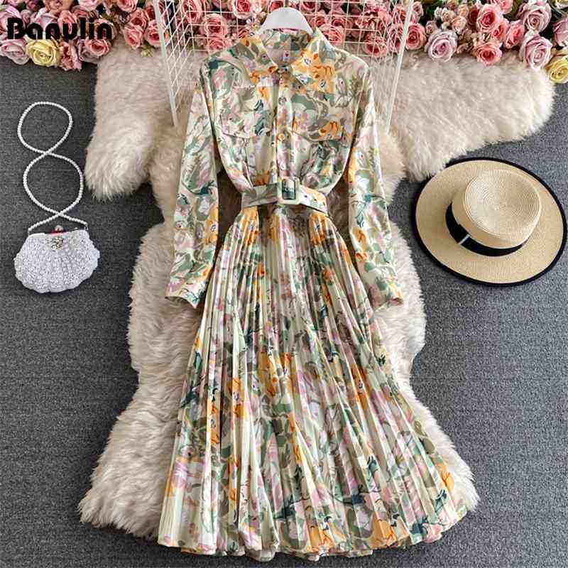 

Banulin Spring Summer Runway Long Sleeve Dress Women's Turn Down Neck Vintage Print Casual Party es Female Shirt 210603, Design and color