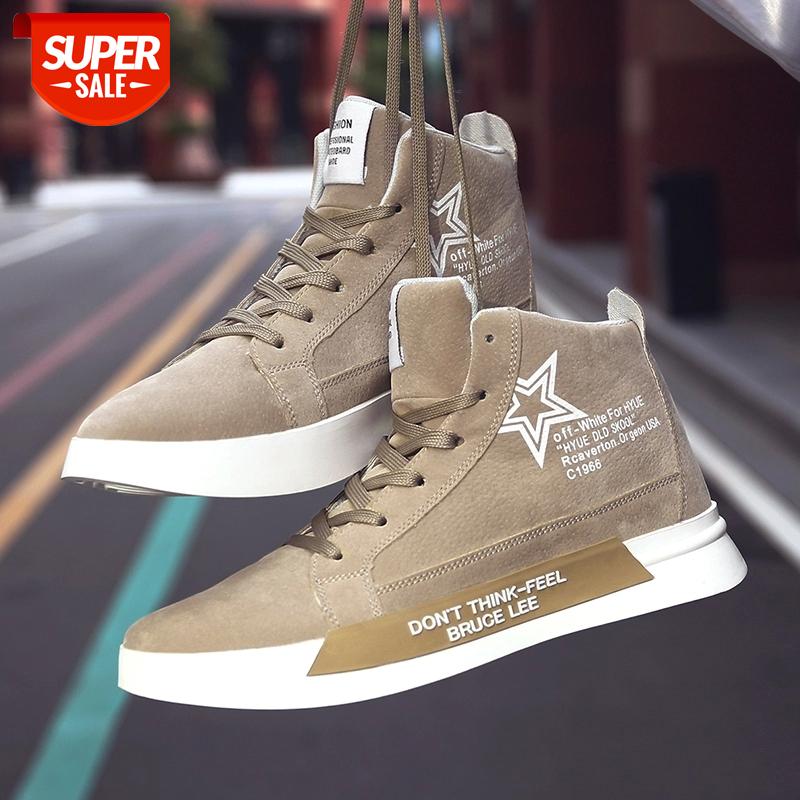 

FL JUMPMORE Men PU Casual Shoes High Top Flat Vulcanize Shoes Leisure Classics Hook Loop Breathable Boys Sneakers Winter #FD3S