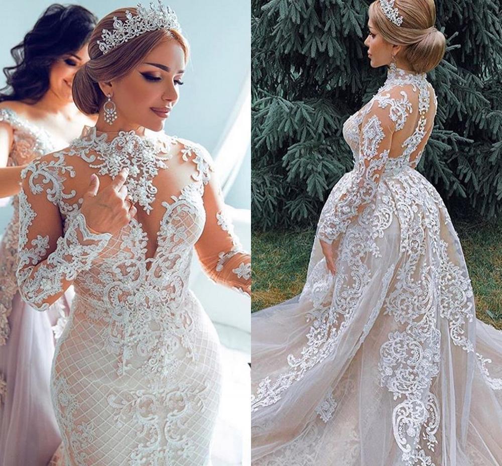 

2021 New Luxurious African Mermaid Wedding Es with Detachable Train High Neck Lace Bridal Long Sleeves Hot Sale Pj50, Multicolor