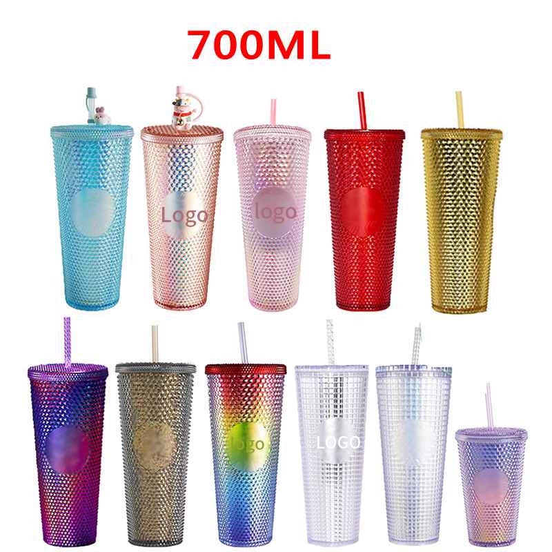 

DHL 24 oz Personalized tumbler Starbucks Iridescent Bling Rainbow Unicorn Studded Cold Cup Tumbler coffee mug with straw FY4488 C0121, 700ml