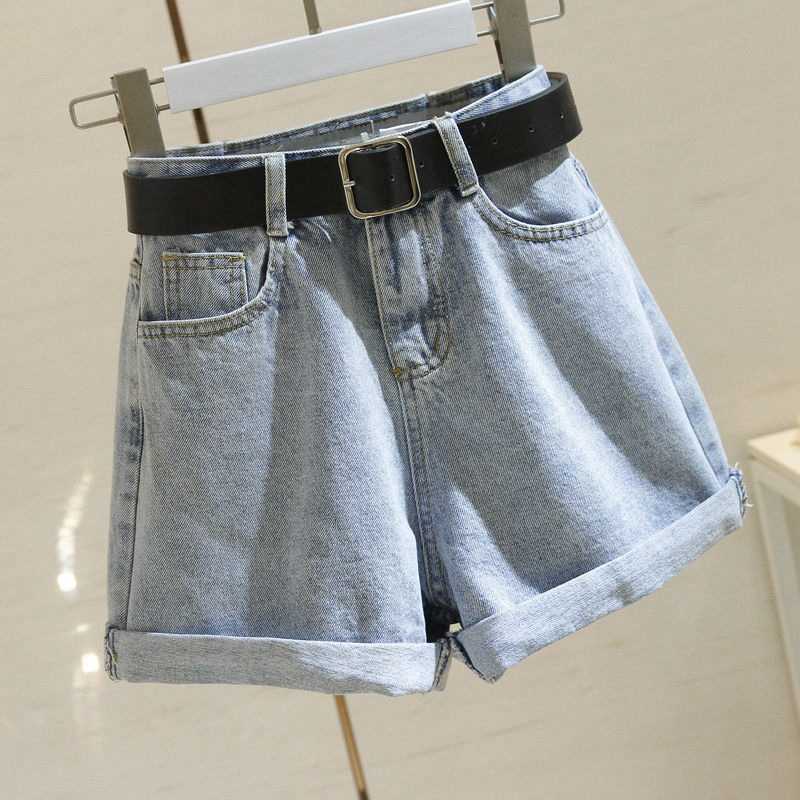

Vintage Loose Women Denim Shorts Korean Style Crimping High Waist Wide Leg Jeans with Belt Female W52 210526, Black