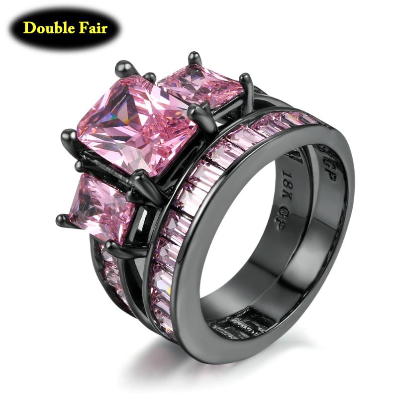 

Cluster Rings Luxury Black Gold Color Pink Cubic Zirconia Ring Sets For Women & Men Couple Fashion Jewelry Crystal Wholesale DWDD002, Golden;silver