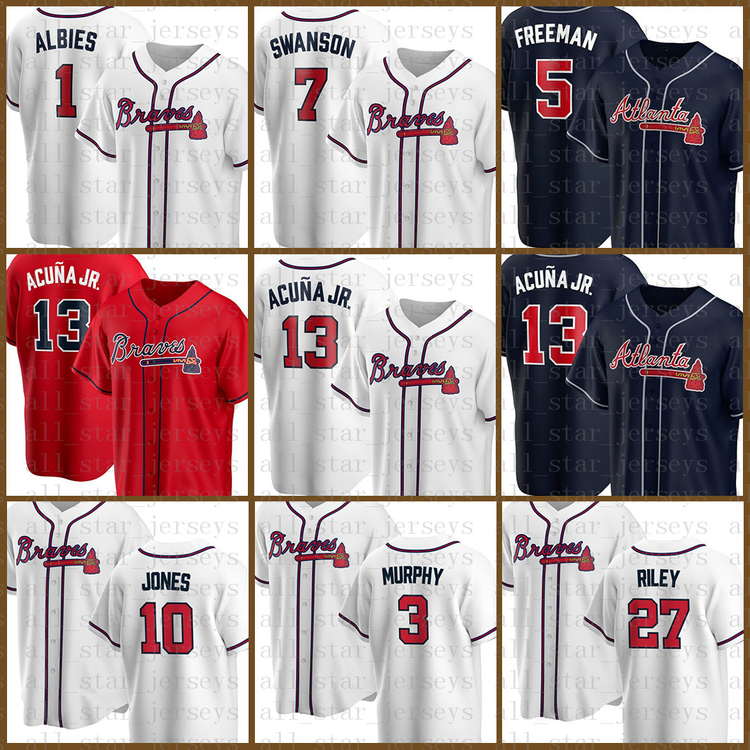 

13 Ronald Acuna Jr. Baseball Jersey Atlanta Custom Braves 5 Freddie Freeman 7 Dansby Swanson Ozzie Albies Chipper Jones Dale Murphy Multi 2022, Blue;black