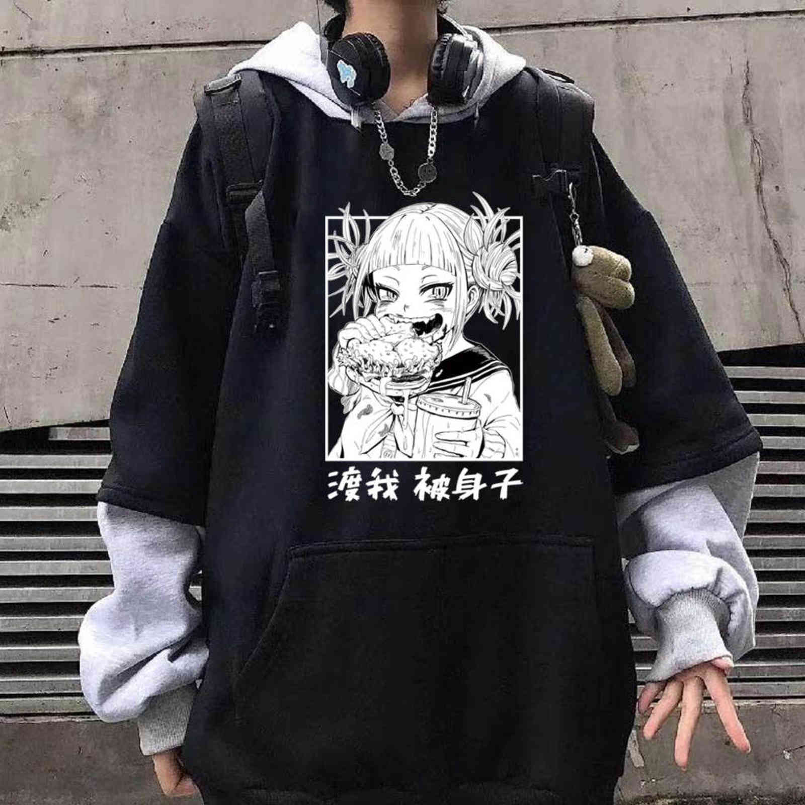 

Anime My Hero Academia Himiko Toga Print Pullovers Hoodie Loose Hip Hop Sweatshirt Punk Streetwear Harajuku Unisex Hoodie Y1109, Black