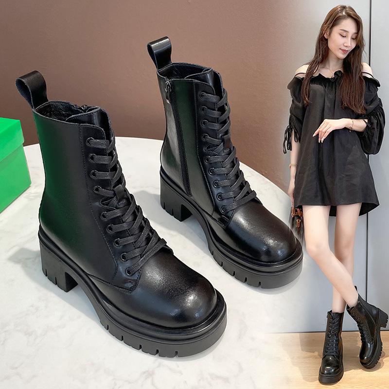 

Boots British Style Womens Fashion Party Nightclub Sexy High Heels Black Genuine Leather Shoes Tide Platform Boot Short Botas