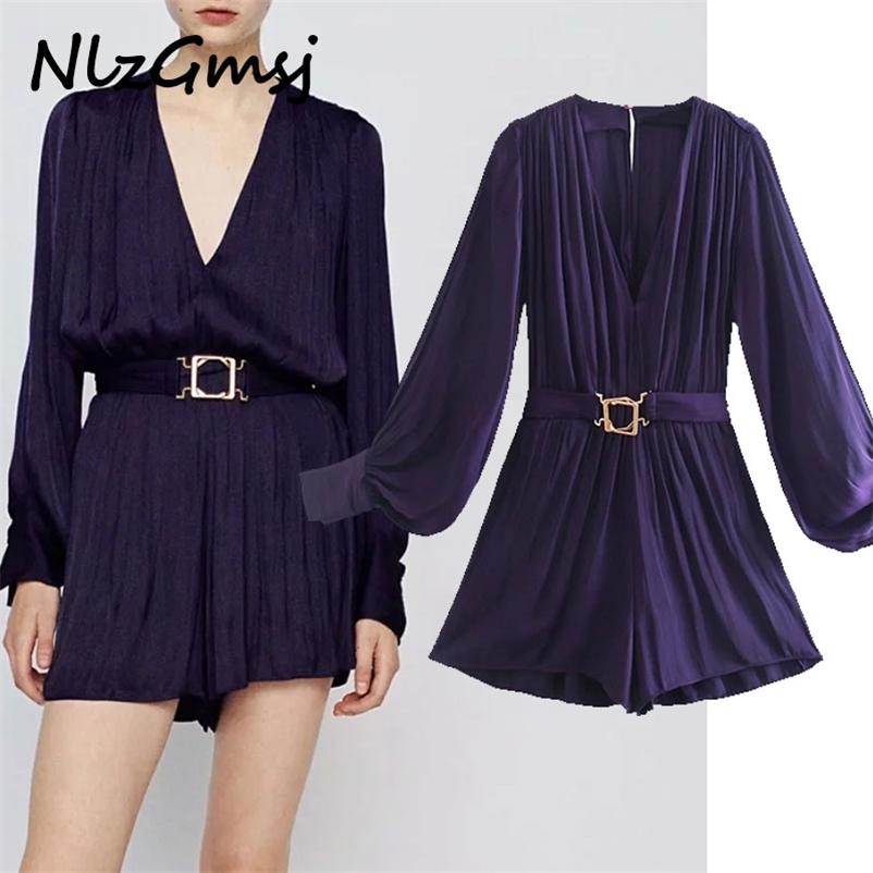 

Jumpsuit Women Chic Fashion With Belt Mini Playsuit Vintage Long Sleeve V Neck Female Short Jumpsuits Mujer 210628, As picture