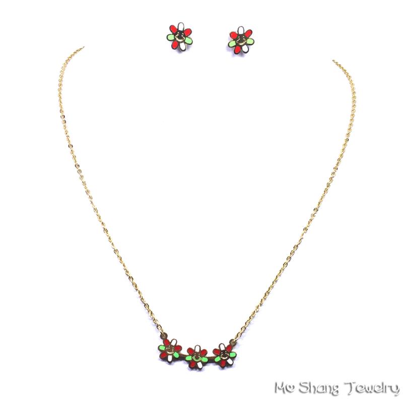 

Earrings & Necklace Three Flowers Pattern Jewelry Set Stainless Steel Never Fade Earring For Women Girl Party Gift, As pic