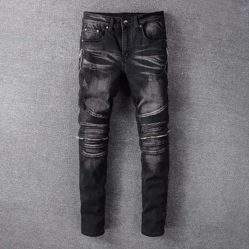 

2021 New Fashion Streetwear Vintage Black Zipper Spliced Ripped Hip Hop Ny Men Elastic Punk Pants Biker Jeans Homme Zai4