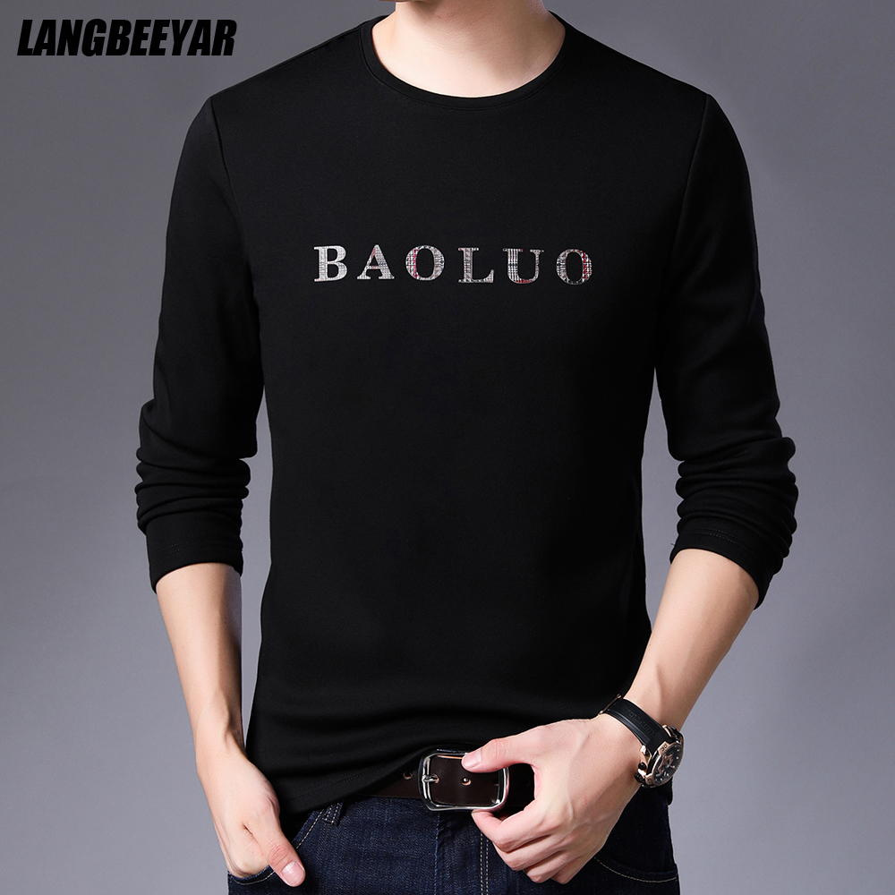 

2021 New Top Quality Fashion Brand Plain Warm o Neck Print t Shirt for Cotton Designer Long Sleeve Tops Casual Men Clothes, White;black
