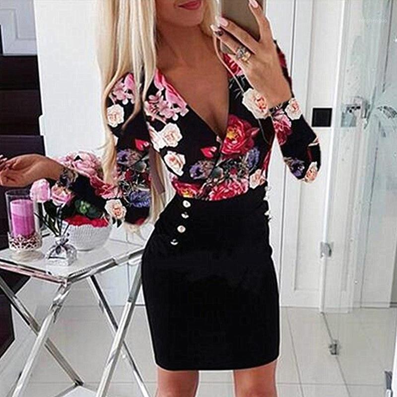 

Casual Dresses Women Bodycon Dress Patchwork Design Button Decor V-Neck Long Sleeve Flower Print Fashion Slim, Red
