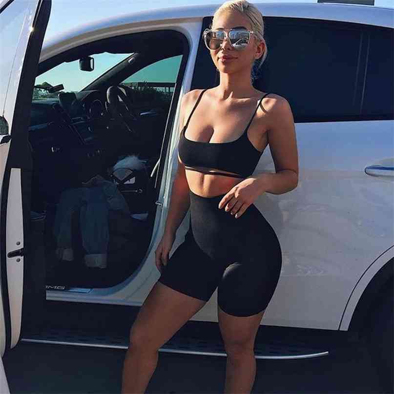 

Summer Women Suit Two 2 Piece Set Sleeveless Strapless Sexy Casual Sporting Solid Shorts Pants Tracksuit 210607, Black