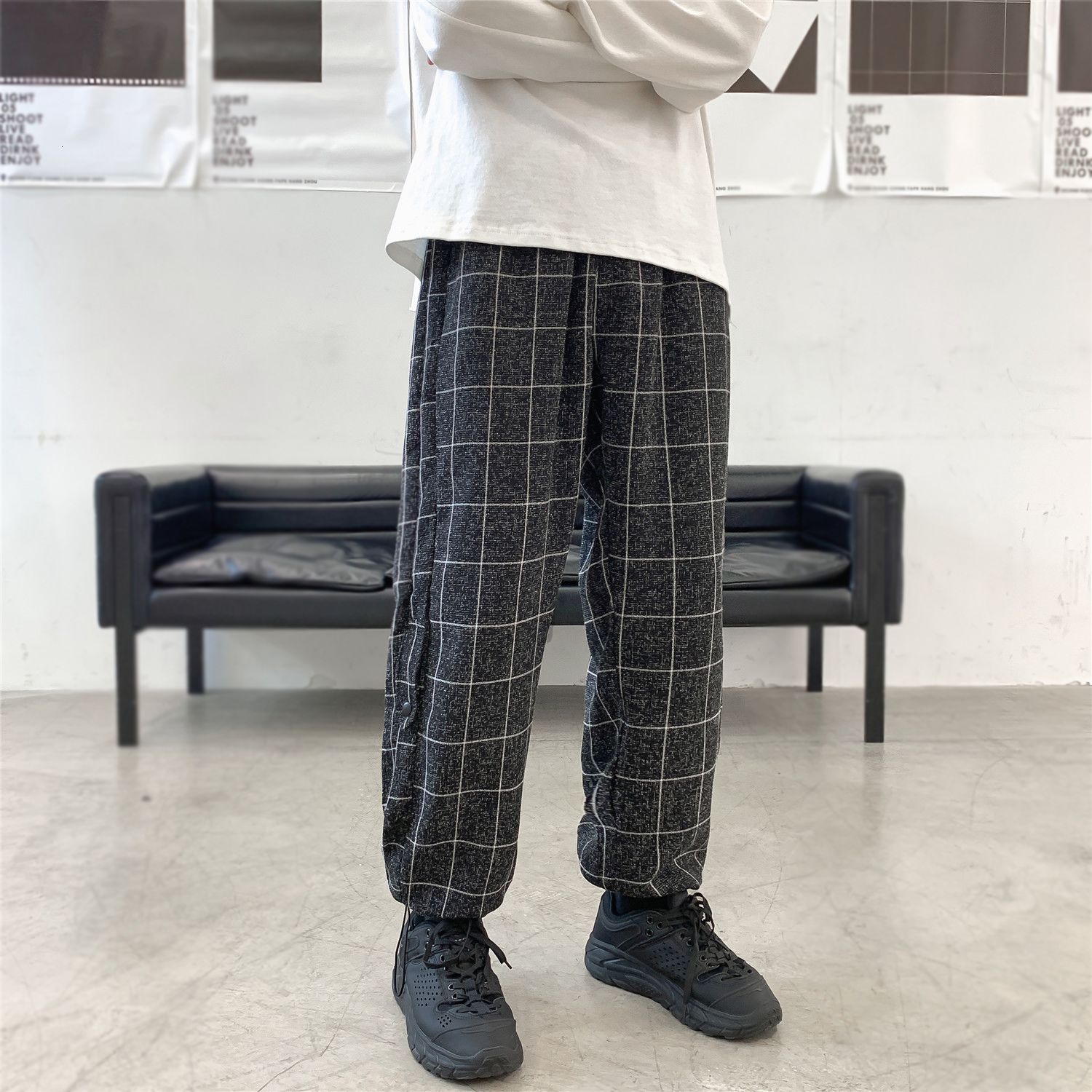 

New Casual Streetwear Plaid Elastic Waist Korean Hip Hop Track Plus Size Men Joggers 2021 Japanese Trousers Xp7k, Black