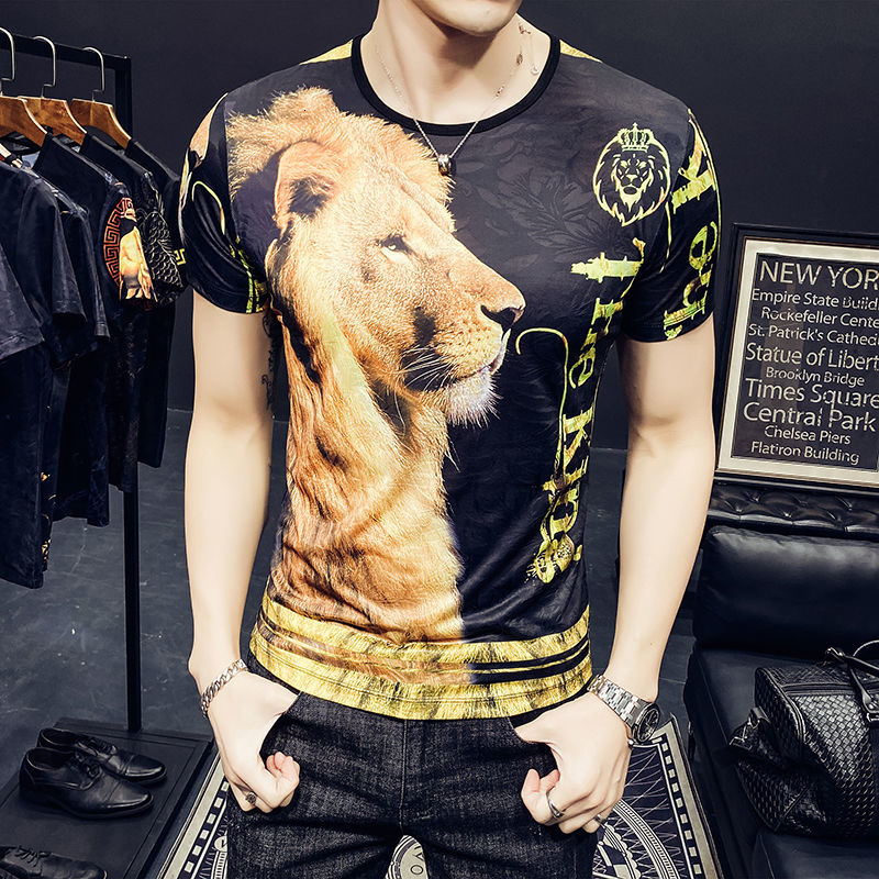 

New Black Gold Lion Print for 2021 Summer Korean Short Sleeve Slim Men Tshirt Screen Tide Camiseta Tee Shirt Homme Jd38, Picture color