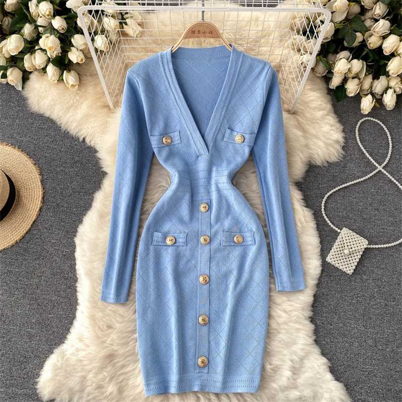 

SINGREINY Women Knitted Pencil Dress Korean Long Sleeve V Neck Elastic Slim Autumn Winter Sexy Bodycon Warm Sweater 211110, Khaki