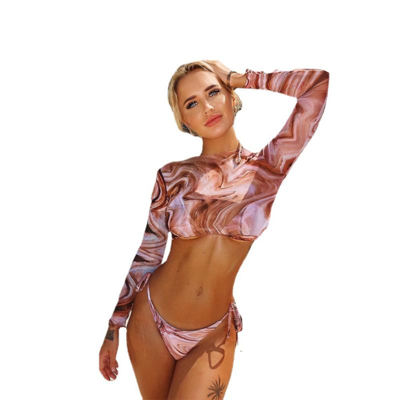 

Women' Swimwear Surfing Swimsuit For Women 2022 Bikini Long Sleeve Stripe Print Push Up Summer Bath Suit Three Piece Bandeau Biquini, Light brown