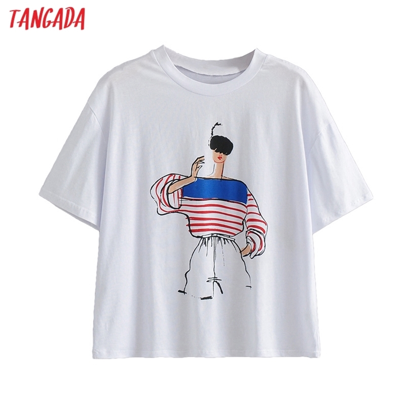 

Tangada Women Print Cotton T Shirt Short Sleeve O Neck Tees Ladies Casual Tee Street Wear Top AI59 210708, White