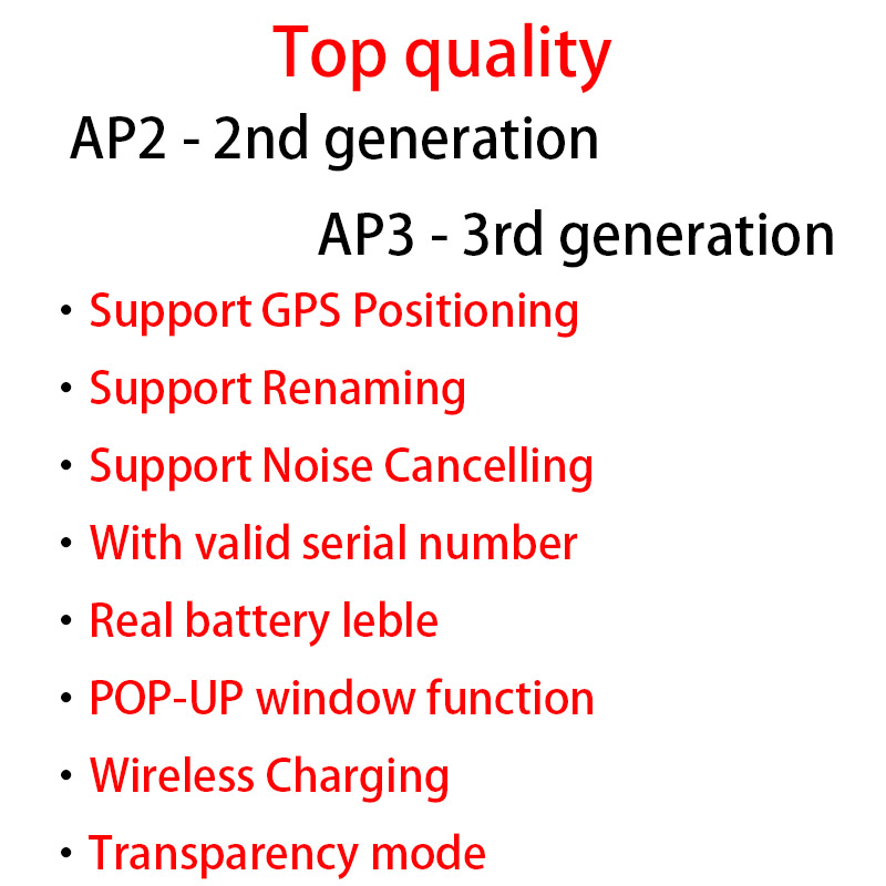 

Air Gen 3 AP3 AP2 H1 chip Transparency Metal Hinge Wireless Charging Bluetooth Headphones pk Pods 2 AP Pro AP2 W1 Earbuds 2nd Generation