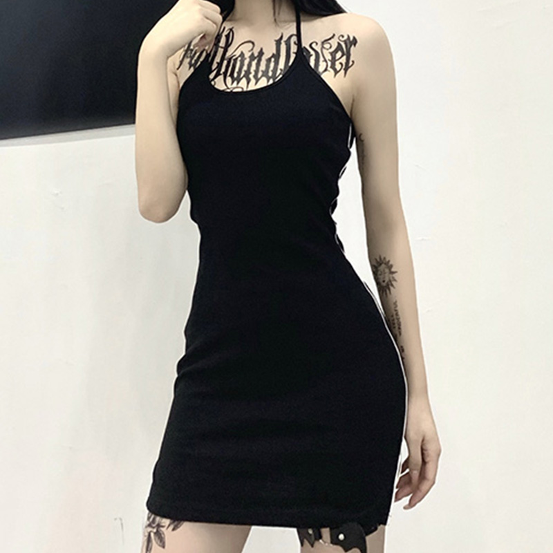

Sexy Bodycon Halter Dress Women Gothic Harajuku Strip Reflective Backless Dress Summer Casual Streetwear Basic Dress, Black;gray