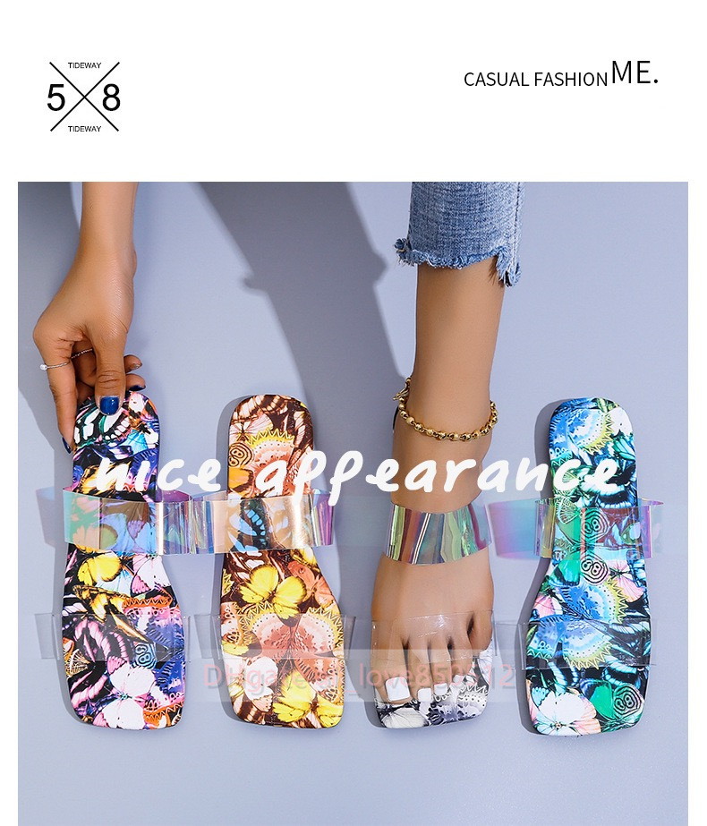 

2021 Summer Large Size Flat Slippers Women's Color Square Toe One Word Beach Shoes Fashion All-match Sandals 35-43, Grey