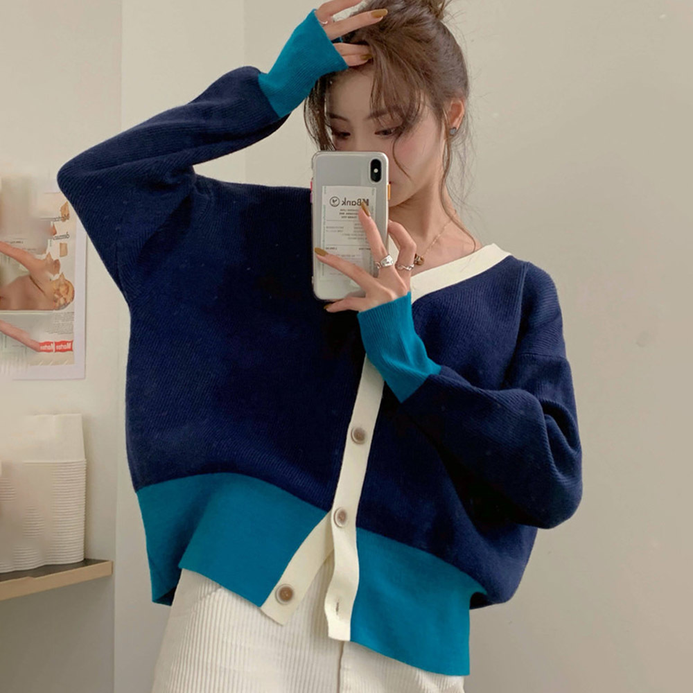 

2021 Japanese Style Spring and Autumn Jacket New Fashion Simple Single Breasted V-neck Long Sleeve Wluc, Blue.