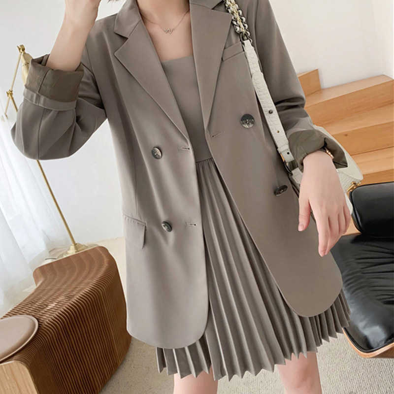 

High quality women's suits large size XL-5XL autumn loose double-breasted blazer Women's casual pleated dress suit 210527, Skirt