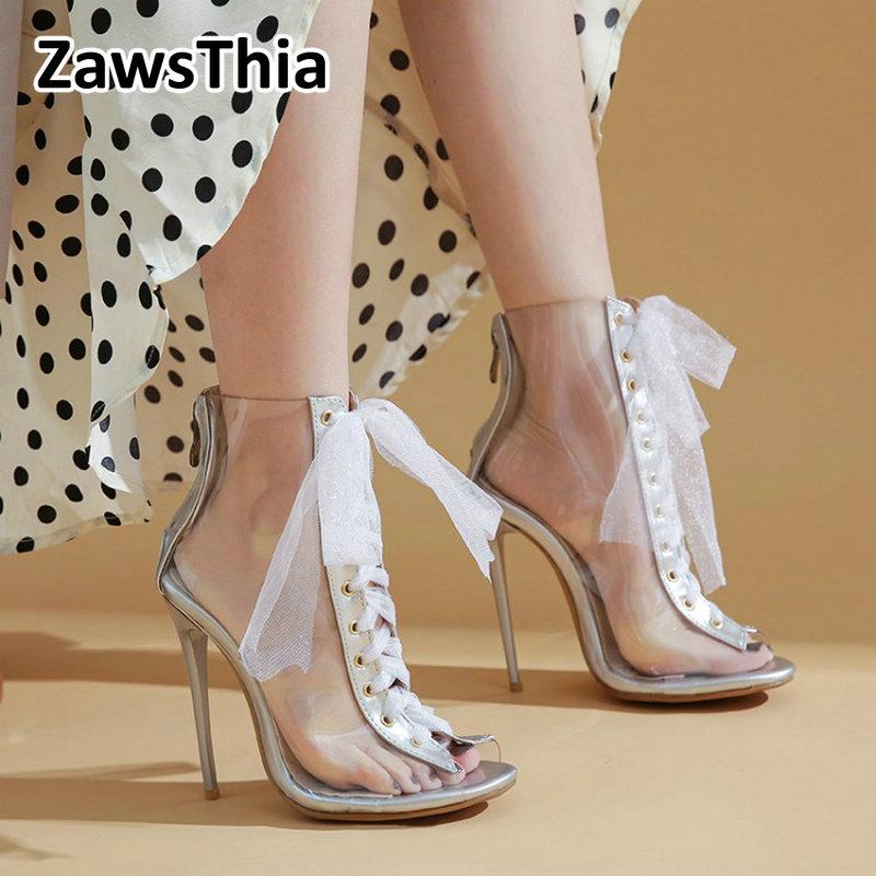 

Boots ZawsThia 2022 Summer PVC Clear Transparent Booties Super Thin High Heels Cross-tied Peep Toe Women Ankle Plus Size 46 47, Black