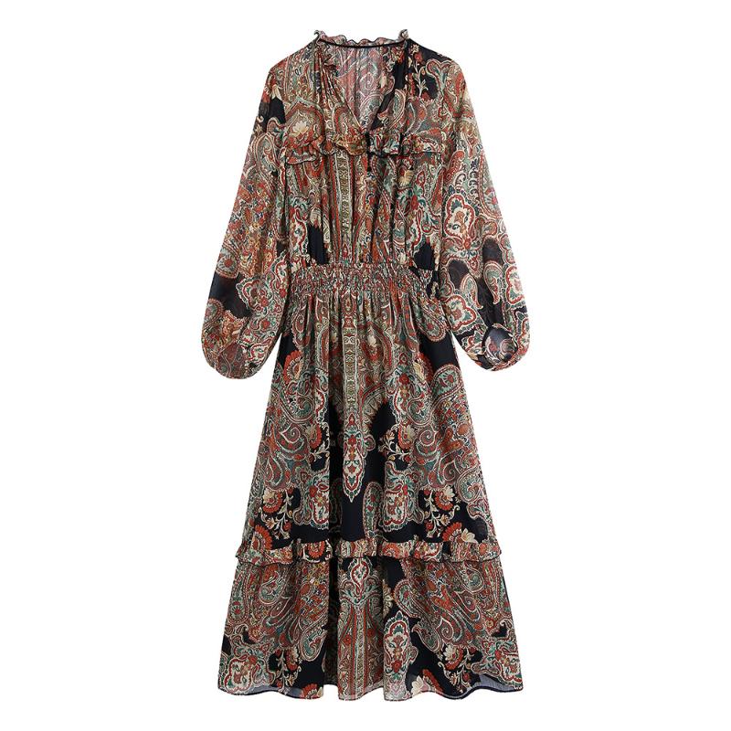 

Casual Dresses Vintage Print Boho For Women 2021 Fashion Ruffle Trim Vacation Bohemian Maxi Dress V Neck Long Sleeve Chiffon, Black