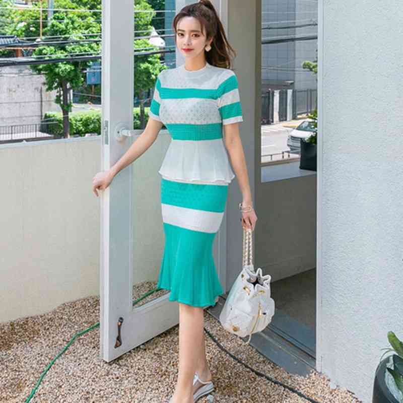 

ZAWFL Summer Striped Hollow Out Knitted Two Piece Set Women Sweet Short Sleeve Pullover Tops + Mermaid 2 Skirt 210603, Picture color