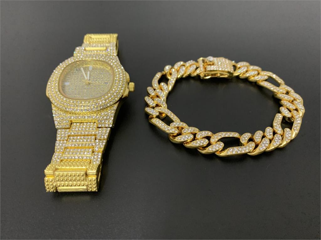 

Miami Cuban Chain Iced Out Paved Rhinestones CZ Bling Rapper Necklaces Chains For Men Jewelry Hip Hop Bracelet +Watch 1 Set X0509