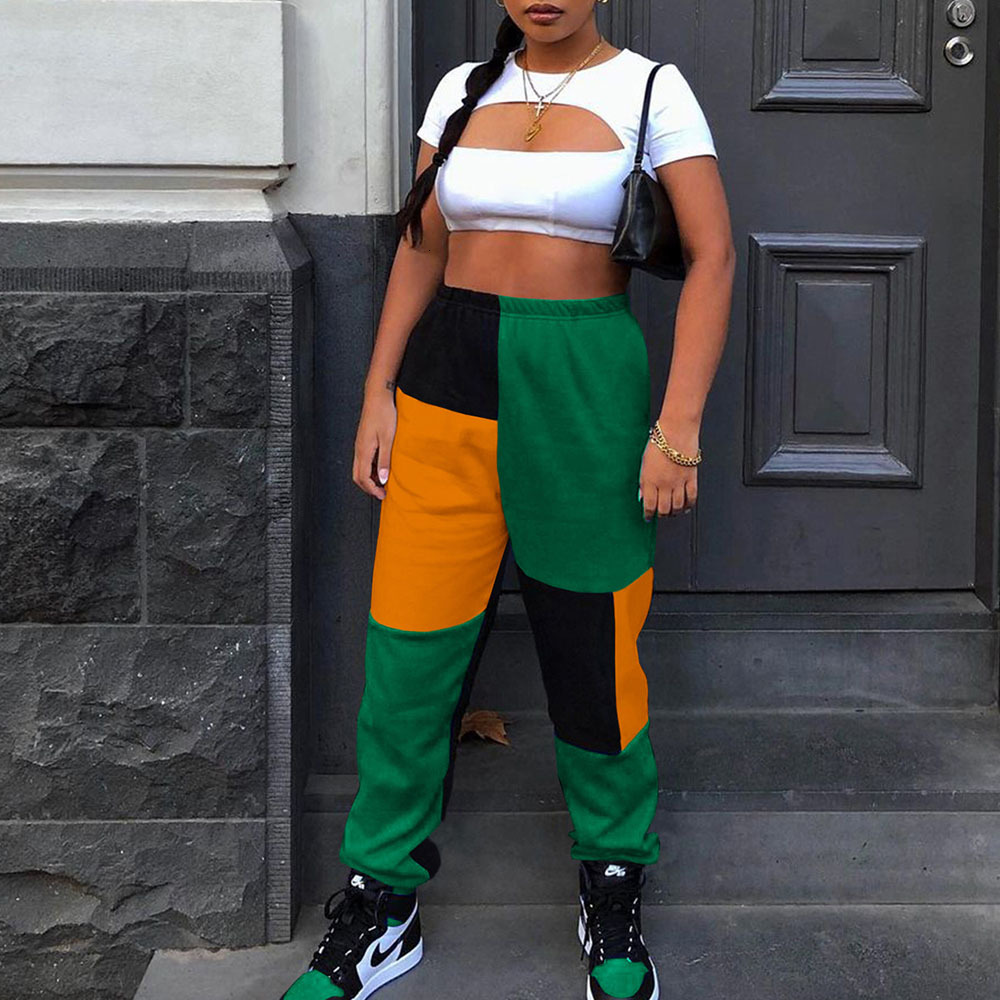 

2021 New Streetwear Harajuku Joggers Sweatpants Women Color Block High Waist Pant Trousers Korean Style Casual Harem Pants Pantalon Femme Ud, Green