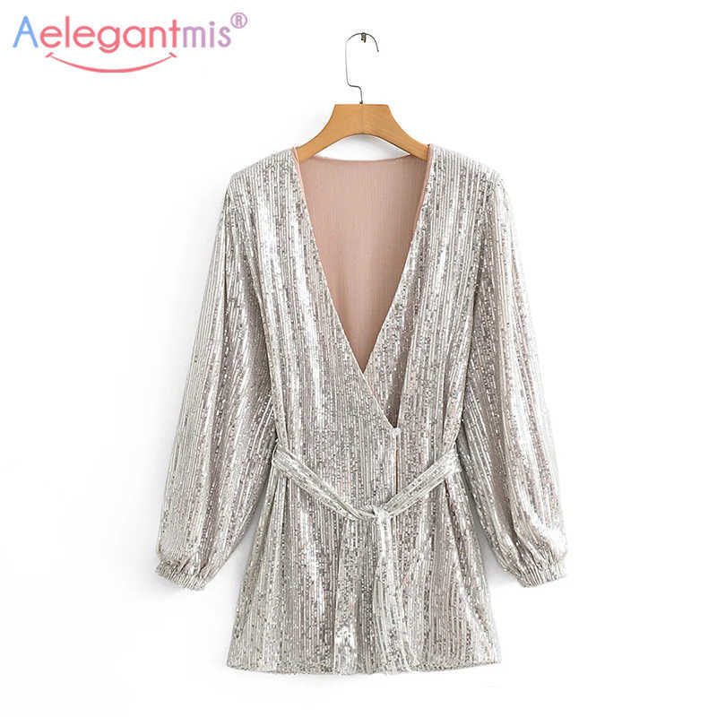 

Aelegantmis Sexy Sequins Short Dress Women with Belt Slim Korean Mini V Neck A Line Vestido Mujer Party Lady Streetwear 210607, As shown