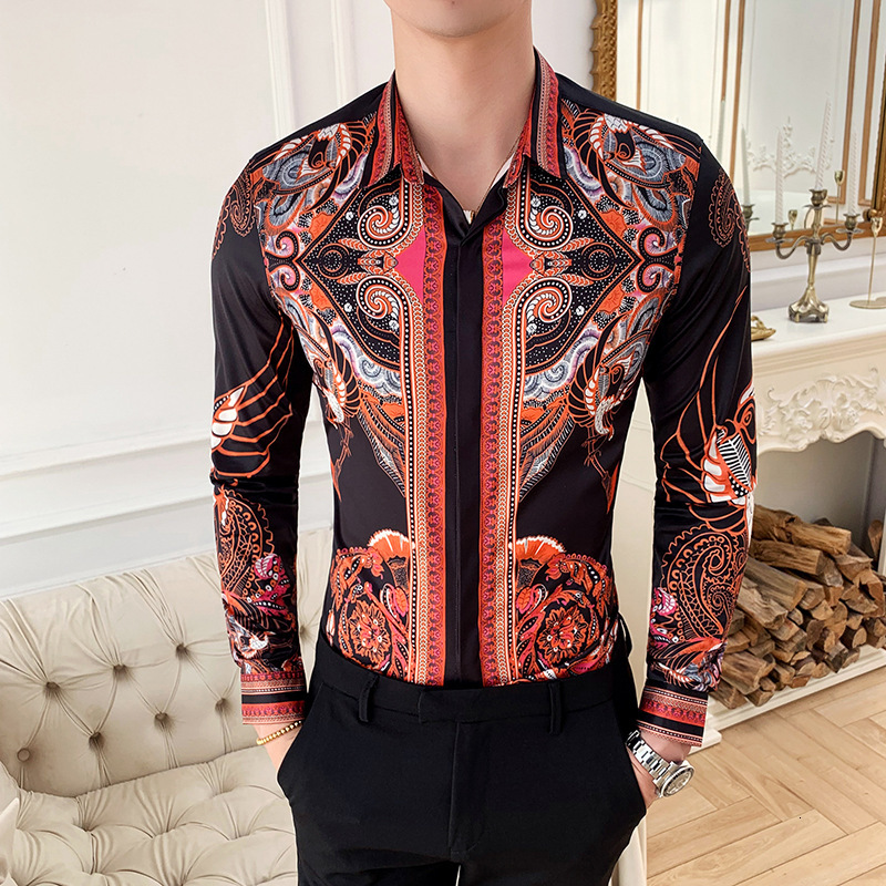 

2021 Autumn Mens Vintage Ethnic Pattern Printed Long Sleeve Shirt Fashion Slim Fit Casual Club Shirts Men Camicia Uomo Mncl, 2406-2
