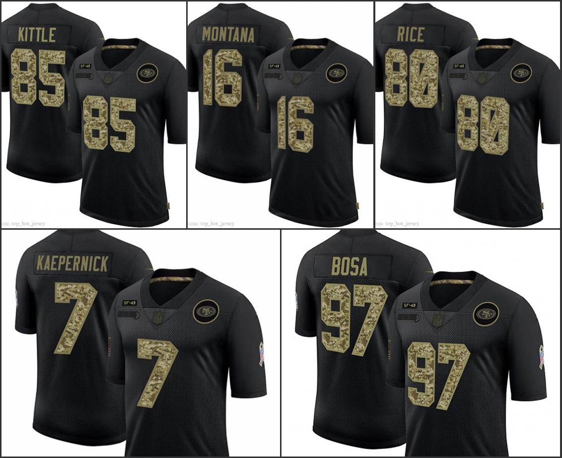 

San Francisco49ersMen #7 Colin Kaepernick 97 Nick Bosa 85 George Kittle Salute to Service Camo Women Youth Limited Jersey, Black