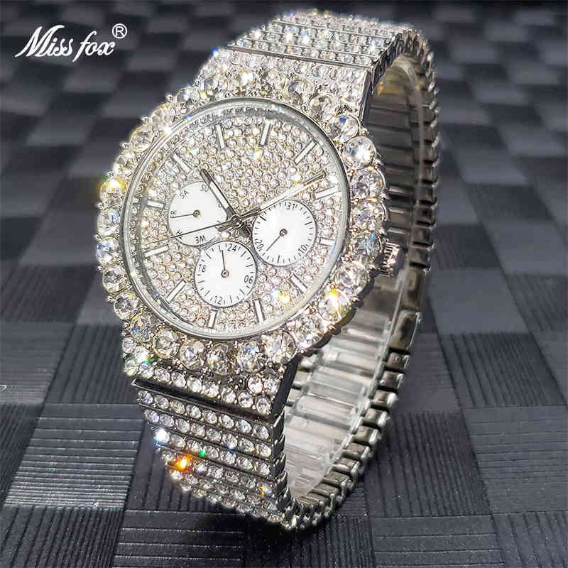 

Chronograph Reloj Hombre MISSFOX Men Watches Top Brand Luxury Ice Out Diamond Gold Quartz Watch Waterproof Hour Droshipping, V311-rgs