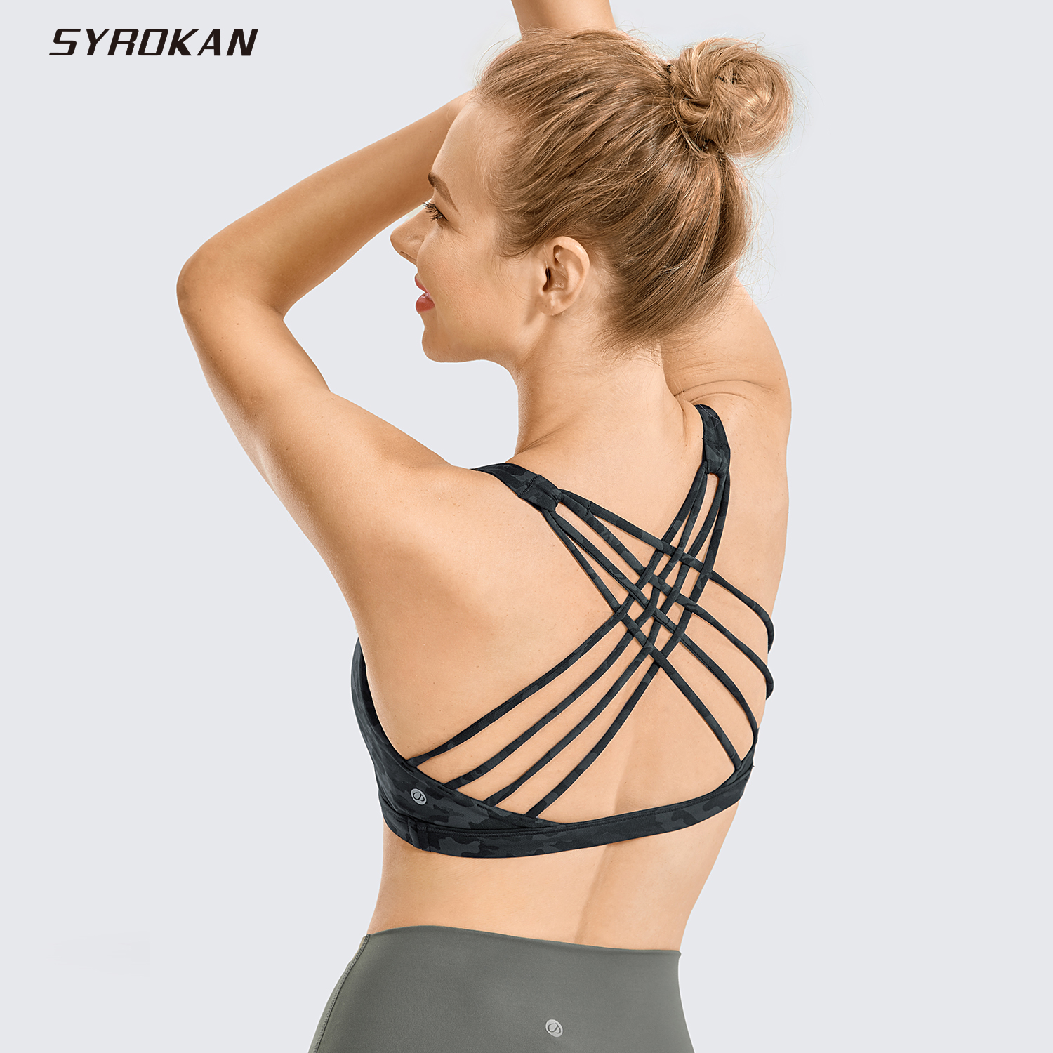 

SYROKAN Strappy Sports Bras for Women Cross Back Sexy Padded Yoga Bra Tops Cute Activewear, Leopard-print 09