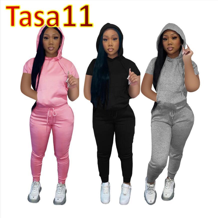 

2022 New Fashion Short Sleeve Tracksuits Women Two 2 Piece Sets Casual Sweatsuits Solid Color Trousers Suit Hoodie+Jogger Pants Spring Fall, White
