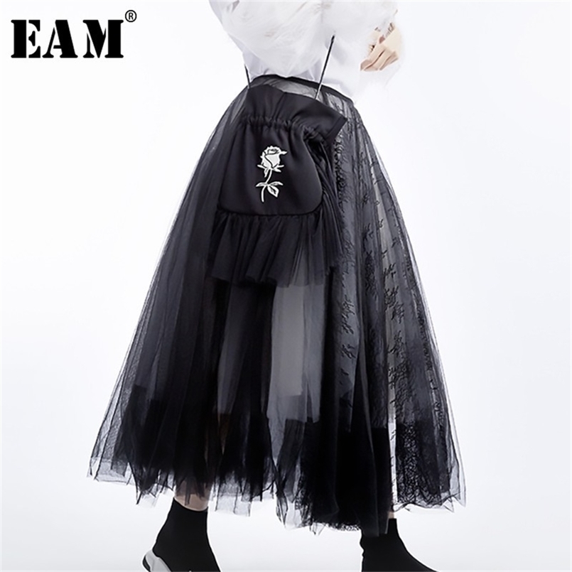 

[EAM] Spring Summer High Waist Black 5 Layers Mesh Stitc Temperament Half-body Skirt Women Fashion JT136 210702