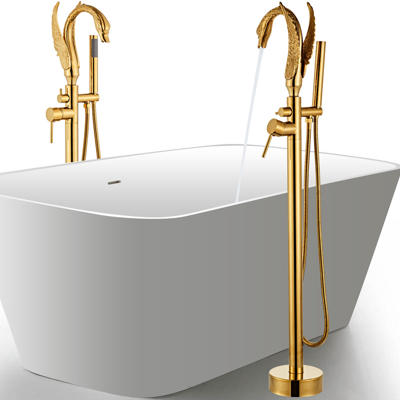 

2021 New Gold Bathroom Faucet with Handheld Shower Free Standing Black Swan Bathtub Mixer Taps Floor Mounted 3 Colors Lop7