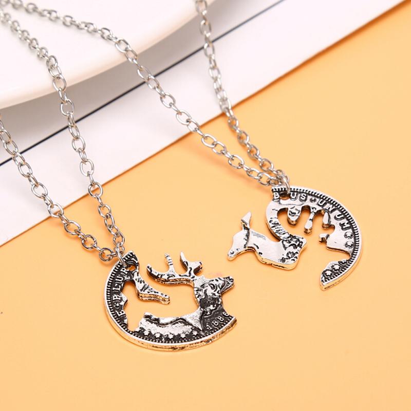 Pendant Necklaces 2pcs/Set Couples Silver Plated Elk Necklace Couple Lover&#039;s Animal Jewelry Gift-image-708514317