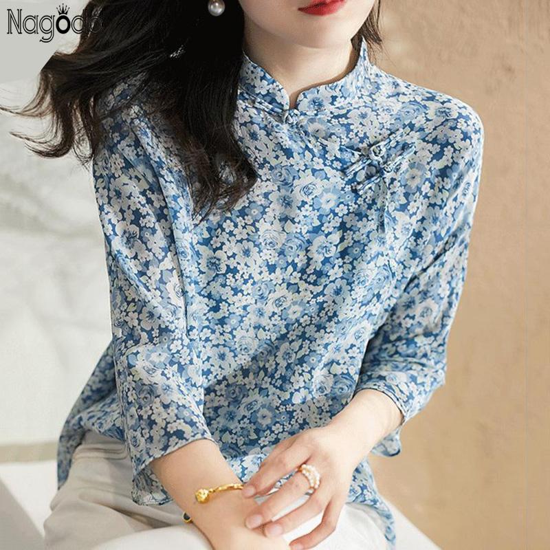 

Women' Blouses & Shirts Nagodo Silk Blouse Women 2021 Summer Mandarin Collar 3/4 Sleeve Chinese Style Tops Print Flower Plus Size Shirt Hau, Blue