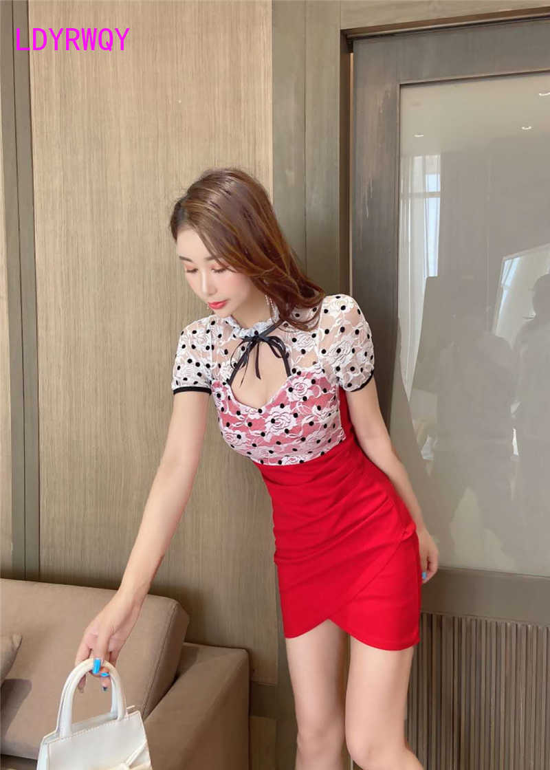 

Nightclub women' summer Korean version of lace wave dot bow hollow stitching package hip dress 210603, Red